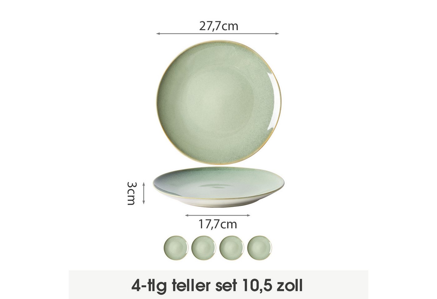 JIWOO Teller 4er Ø27,7cm, Speiseteller Steakteller Pastateller Dessertteller, (4 St), Keramik Hochwertiges Tellerset Grün Mikrowellenofen Spülmaschine – Bild 2 von 5