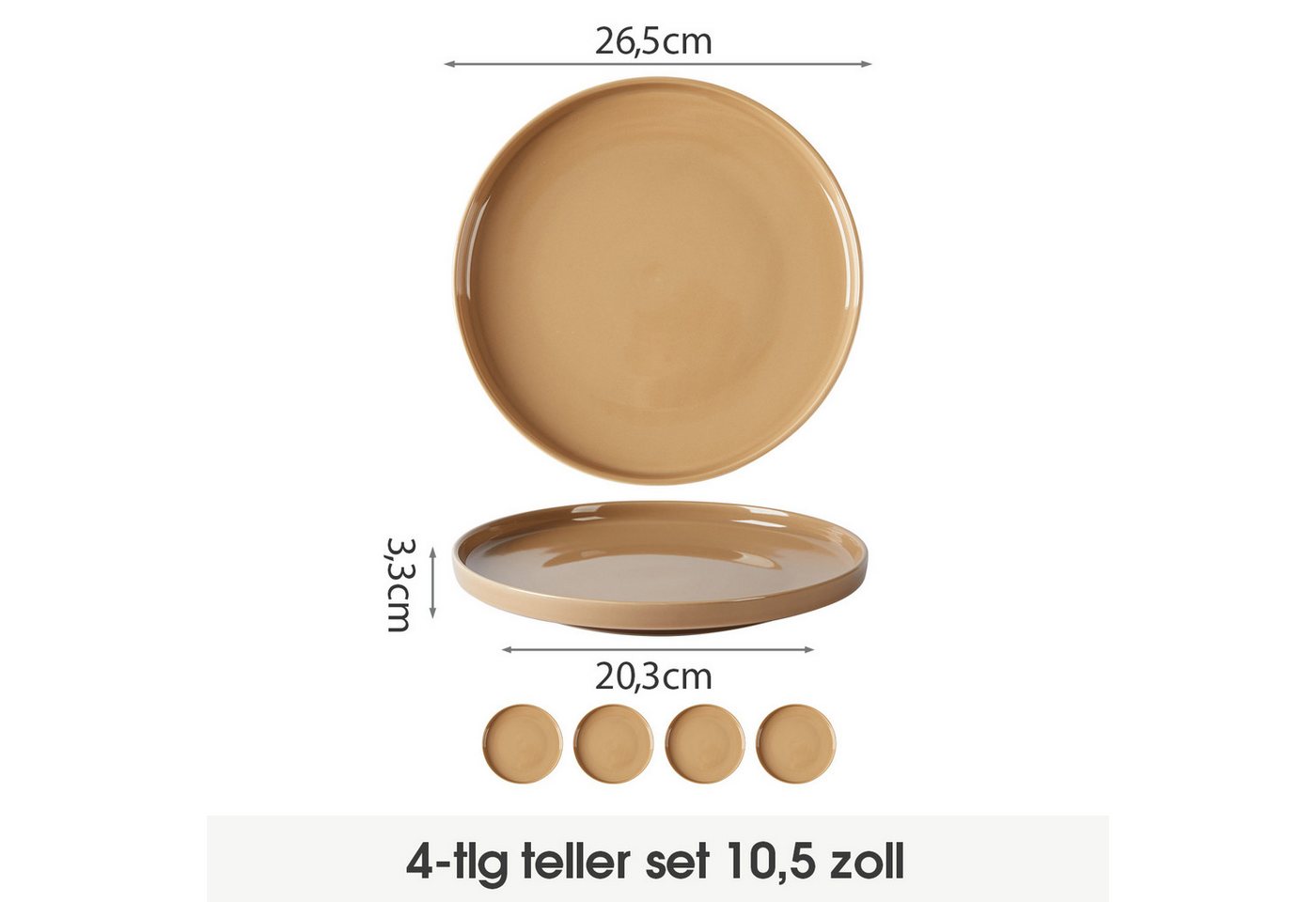JIWOO Teller 4er Ø27,7cm, Speiseteller Steakteller Dessertteller Brotteller Plate, (4 St), Keramik Geschirrset Teller Braun Mikrowellen spülmaschinenfest Ø26,5c – Bild 2 von 5