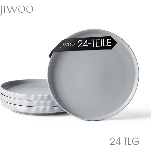 JIWOO Teller 4er Ø27,7cm, Speiseteller Steakteller Dessertteller Brotteller Plate, (24 St), Keramik Hochwertiges Tellerset Grau Mikrowellen spülmaschinenfest