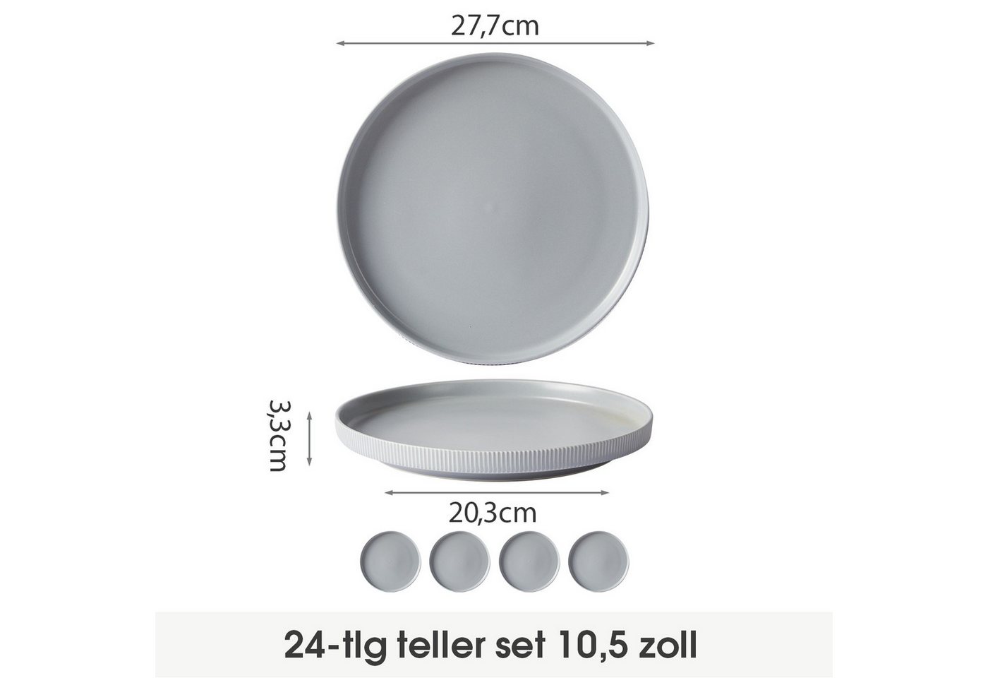 JIWOO Teller 4er Ø27,7cm, Speiseteller Steakteller Dessertteller Brotteller Plate, (24 St), Keramik Hochwertiges Tellerset Grau Mikrowellen spülmaschinenfest – Bild 2 von 5