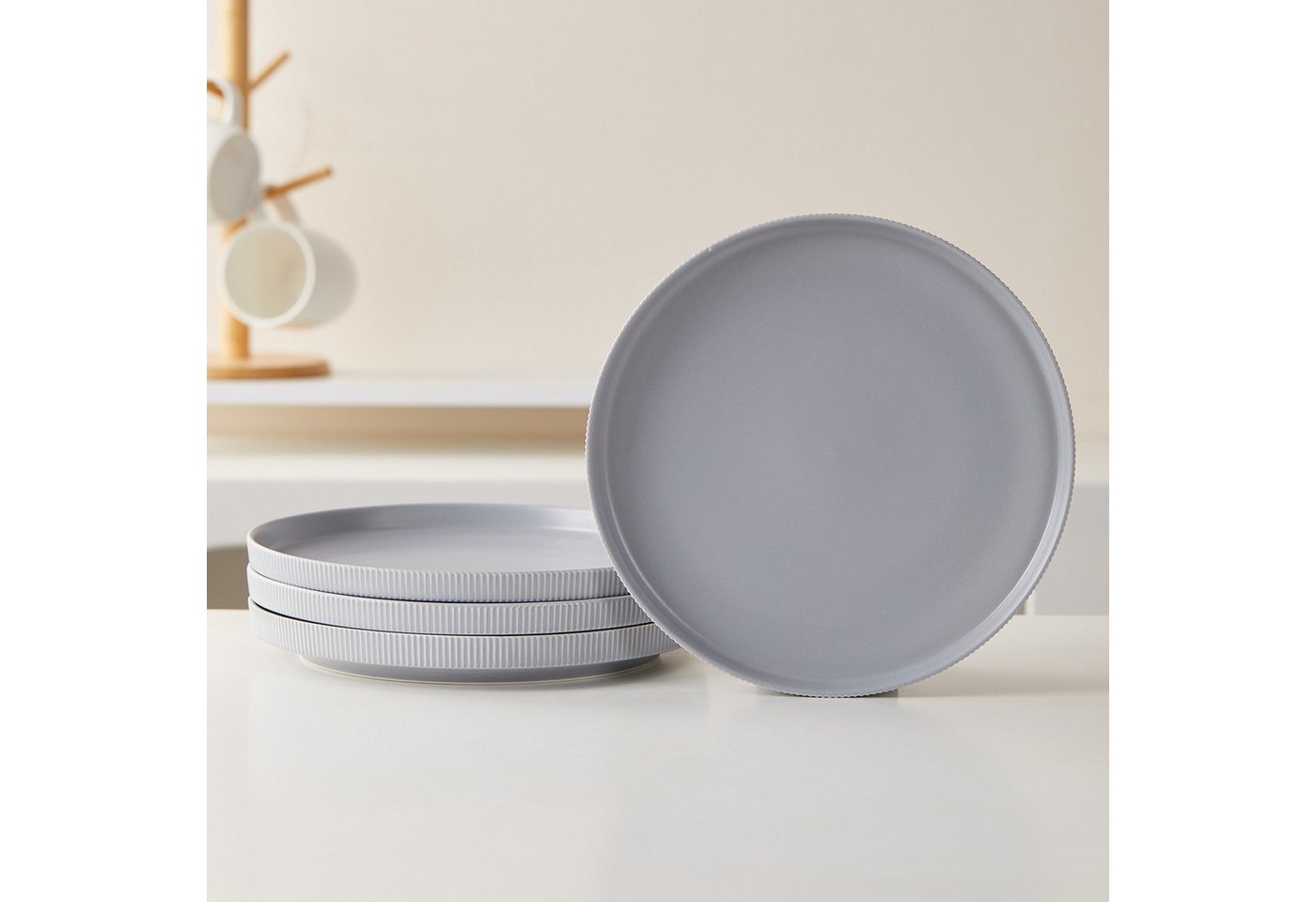 JIWOO Teller 4er Ø27,7cm, Speiseteller Steakteller Dessertteller Brotteller Plate, (24 St), Keramik Hochwertiges Tellerset Grau Mikrowellen spülmaschinenfest – Bild 3 von 5