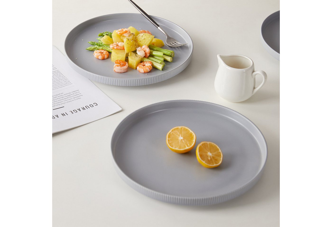 JIWOO Teller 4er Ø27,7cm, Speiseteller Steakteller Dessertteller Brotteller Plate, (24 St), Keramik Hochwertiges Tellerset Grau Mikrowellen spülmaschinenfest – Bild 5 von 5