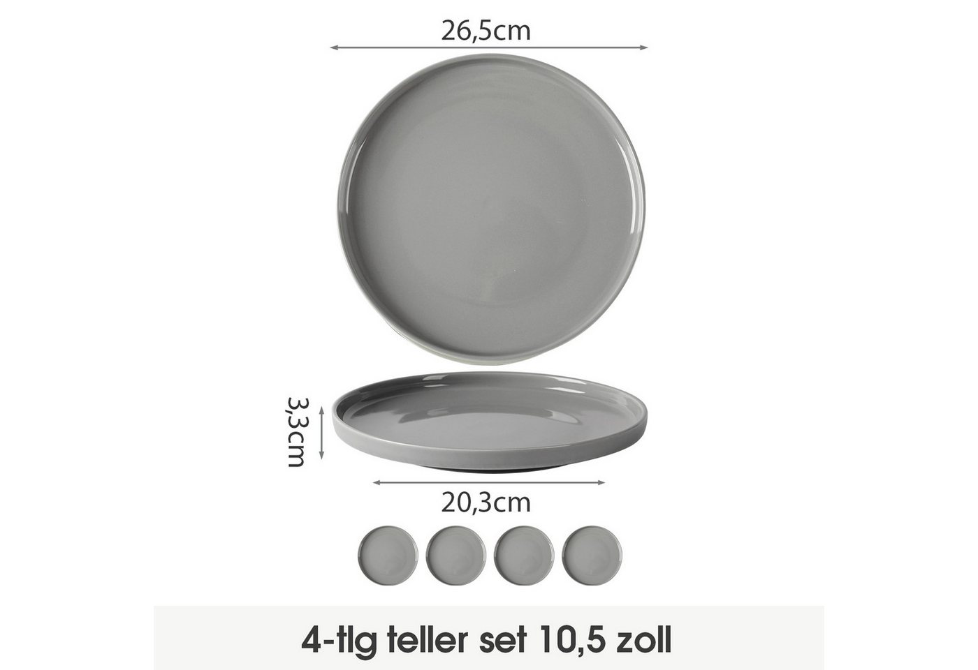 JIWOO Teller 4er Ø27,7cm, Speiseteller Steakteller Dessertteller Brotteller Plate, (4 St), Keramik Geschirr set Teller Grau Mikrowellen spülmaschinenfest Ø26,5c – Bild 2 von 5