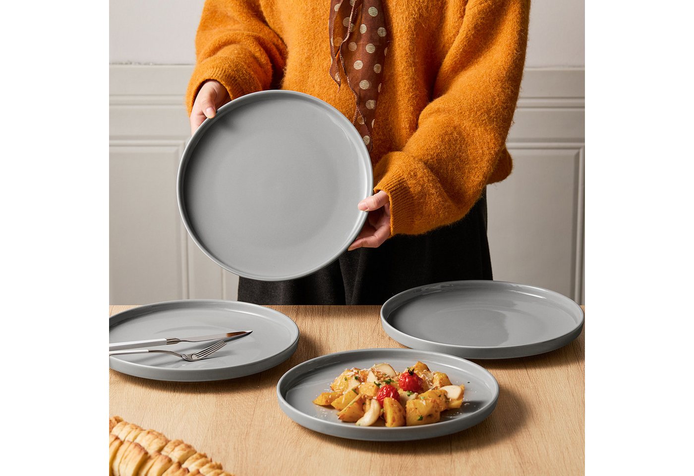 JIWOO Teller 4er Ø27,7cm, Speiseteller Steakteller Dessertteller Brotteller Plate, (4 St), Keramik Geschirr set Teller Grau Mikrowellen spülmaschinenfest Ø26,5c – Bild 3 von 5