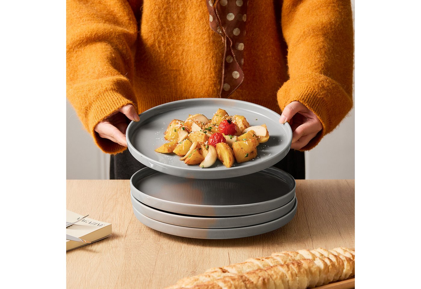 JIWOO Teller 4er Ø27,7cm, Speiseteller Steakteller Dessertteller Brotteller Plate, (4 St), Keramik Geschirr set Teller Grau Mikrowellen spülmaschinenfest Ø26,5c – Bild 5 von 5
