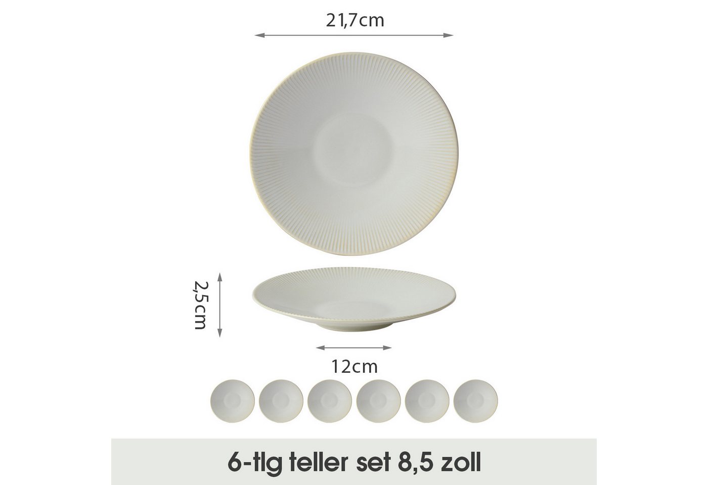 JIWOO Teller 6er Ø21,7cm, Pastateller Frühstücksteller Salatteller Dessertteller, (6 St), Keramik Hochwertiges Tellerset WeiB Mikrowellen spülmaschinenfest – Bild 2 von 5