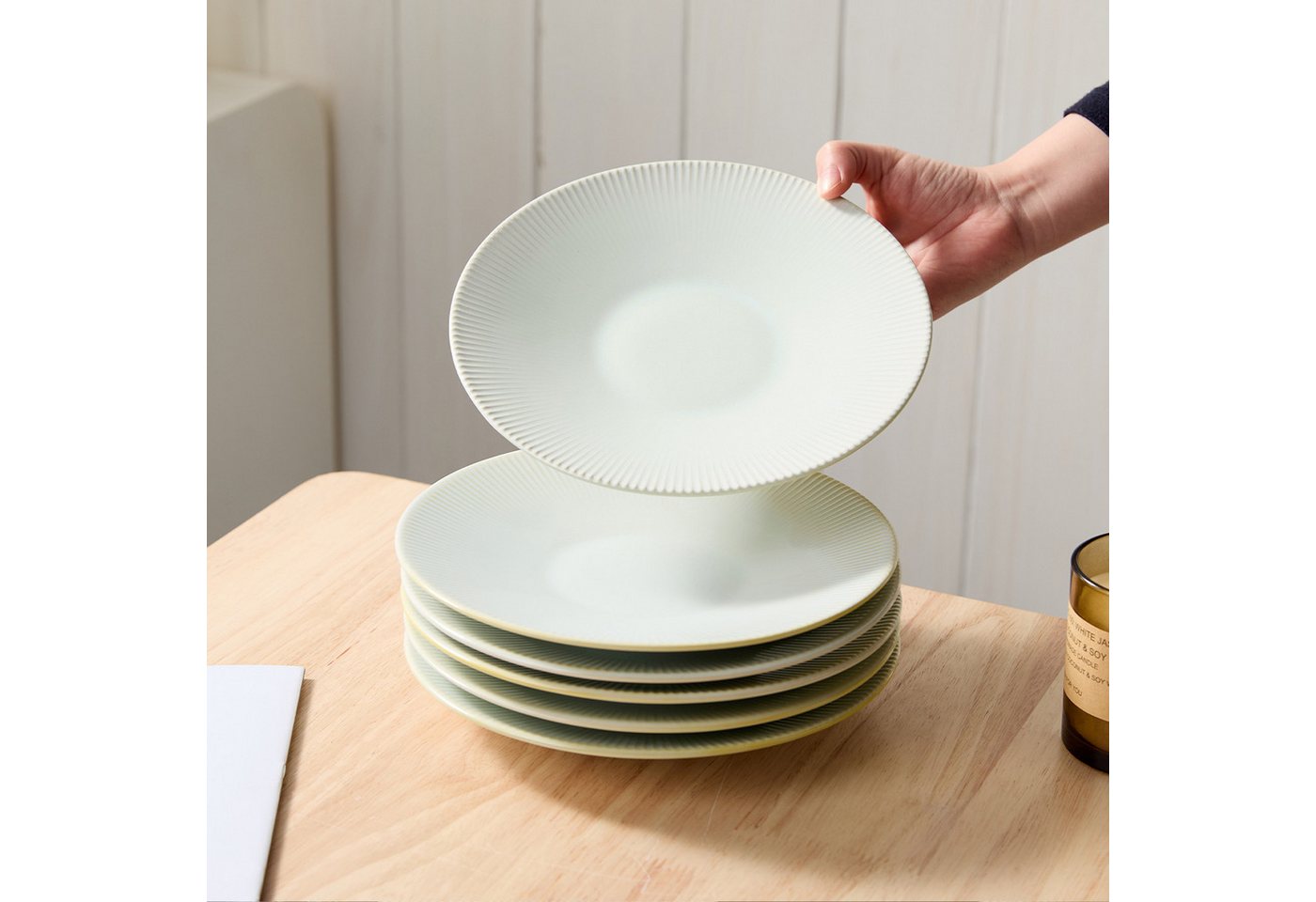 JIWOO Teller 6er Ø21,7cm, Pastateller Frühstücksteller Salatteller Dessertteller, (6 St), Keramik Hochwertiges Tellerset WeiB Mikrowellen spülmaschinenfest – Bild 5 von 5