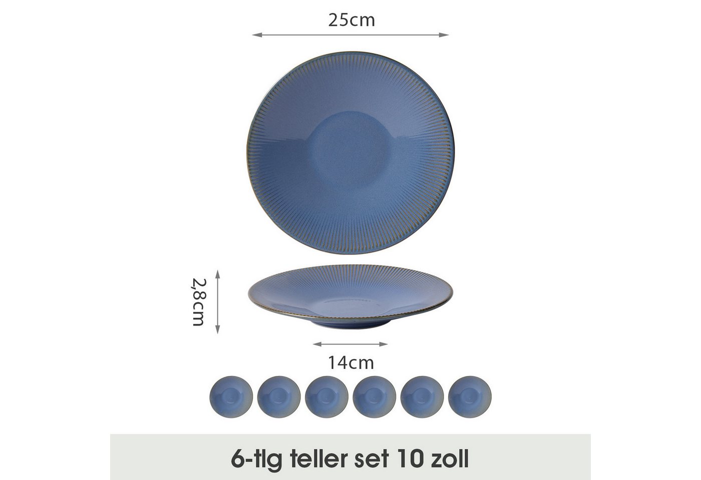 JIWOO Teller 6er Ø25cm, Speiseteller Pastateller Dessertteller Salatteller Plate, (6 St), 10 Zoll Keramik Tellerset Blau Mikrowellen spülmaschinenfest – Bild 2 von 5