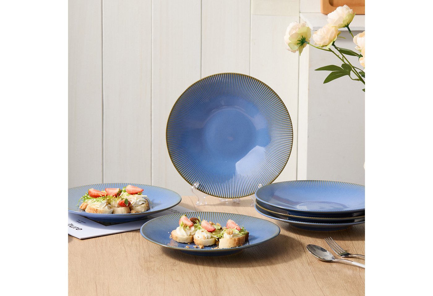 JIWOO Teller 6er Ø25cm, Speiseteller Pastateller Dessertteller Salatteller Plate, (6 St), 10 Zoll Keramik Tellerset Blau Mikrowellen spülmaschinenfest – Bild 3 von 5