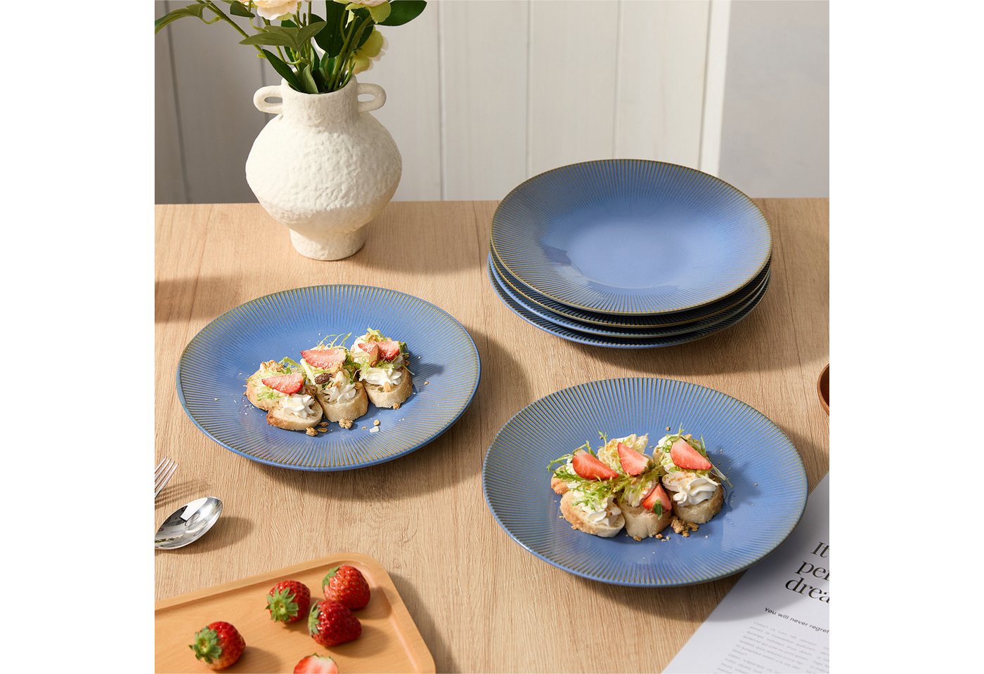 JIWOO Teller 6er Ø25cm, Speiseteller Pastateller Dessertteller Salatteller Plate, (6 St), 10 Zoll Keramik Tellerset Blau Mikrowellen spülmaschinenfest – Bild 4 von 5
