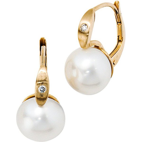 JOBO Perlenohrringe, 585 Gold mit 2 Diamanten und Süßwasser-Zuchtperlen
