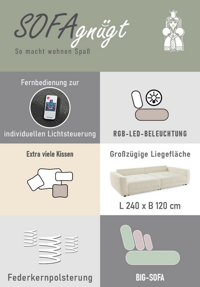 Jockenhöfer Gruppe Big-Sofa Lumina, XXL, B: 294 cm, mit LED-RGB-Beleuchtung, Liegefläche 120x240cm, Mega-Sofa, inklusive Federkernpolsterung und 10 Kissen – Bild 5 von 5