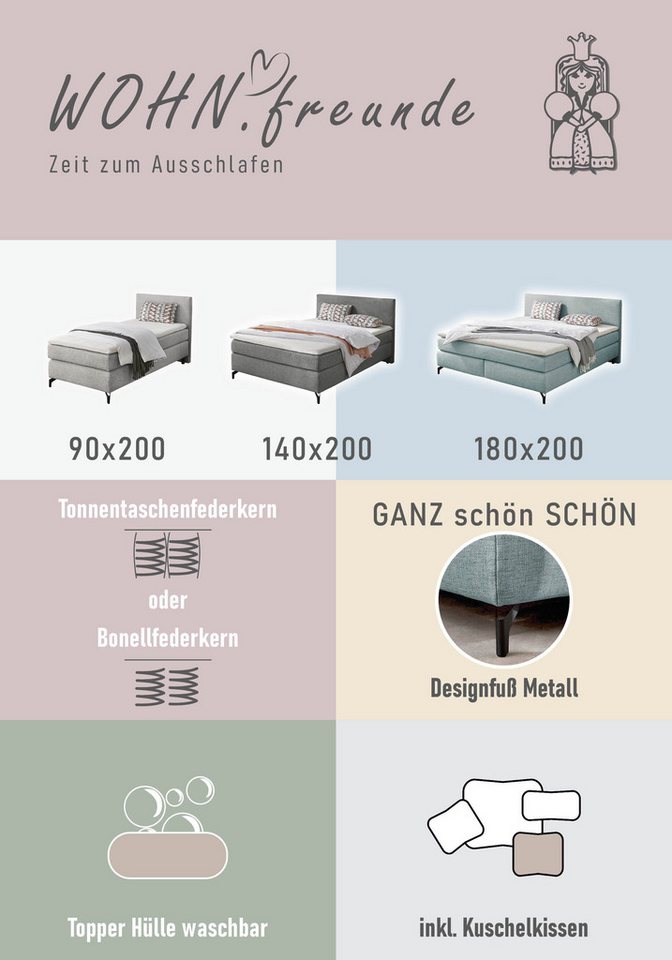 Jockenhöfer Gruppe Boxspringbett ALINA inkl. Bonnell- oder Tonnentaschenfederkernmatratze H2-H3, mit Kaltschaumtopper, Strukturstoff-Bezug, 90/140/180 cm x 200  – Bild 4 von 5