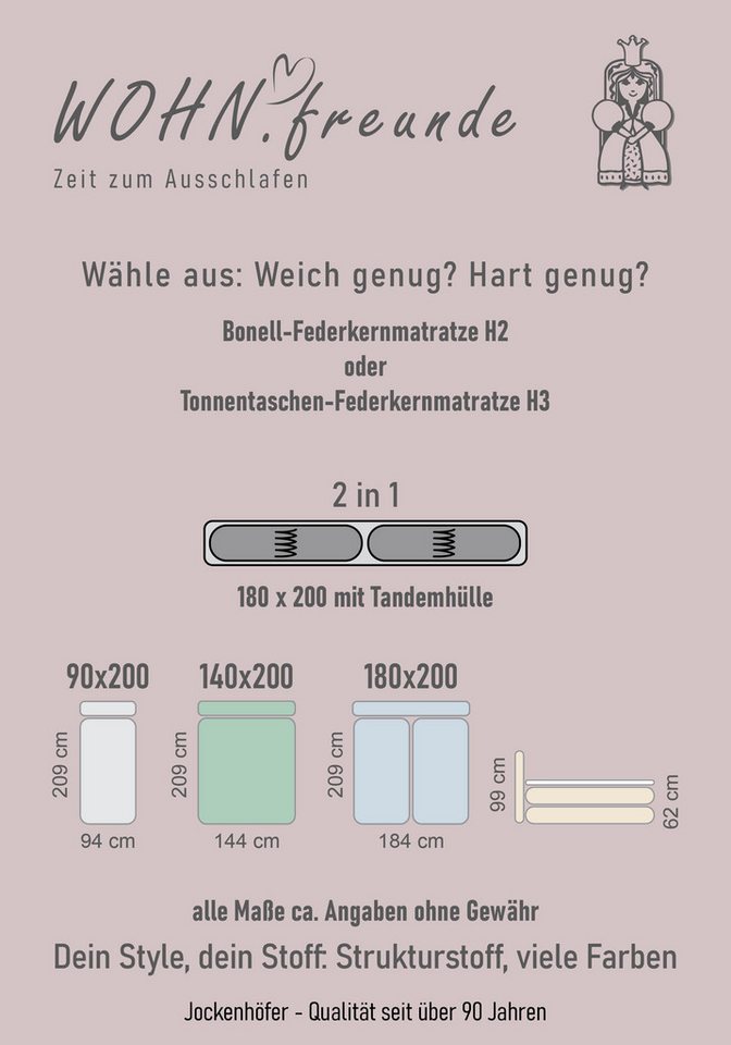 Jockenhöfer Gruppe Boxspringbett ALINA inkl. Bonnell- oder Tonnentaschenfederkernmatratze H2-H3, mit Kaltschaumtopper, Strukturstoff-Bezug, 90/140/180 cm x 200  – Bild 5 von 5