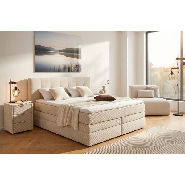 Jockenhöfer Gruppe Boxspringbett AMY mit Bettkasten, inkl. Bonnell- oder Taschenfederkernmatratze H3-H4, mit 6 cm Kaltschaum-Topper, Cord-Bezug, 180x200 und 200