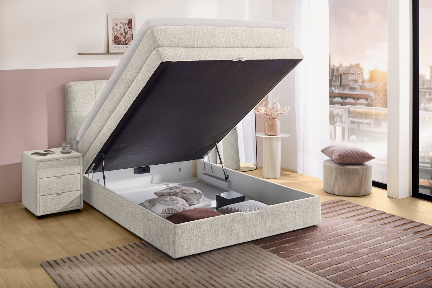 Jockenhöfer Gruppe Boxspringbett AMY mit Bettkasten, inkl. Bonnell- oder Taschenfederkernmatratze H2-H4, mit 6 cm Kaltschaum-Topper, Chenille-Bezug, 120x200 und – Bild 3 von 5