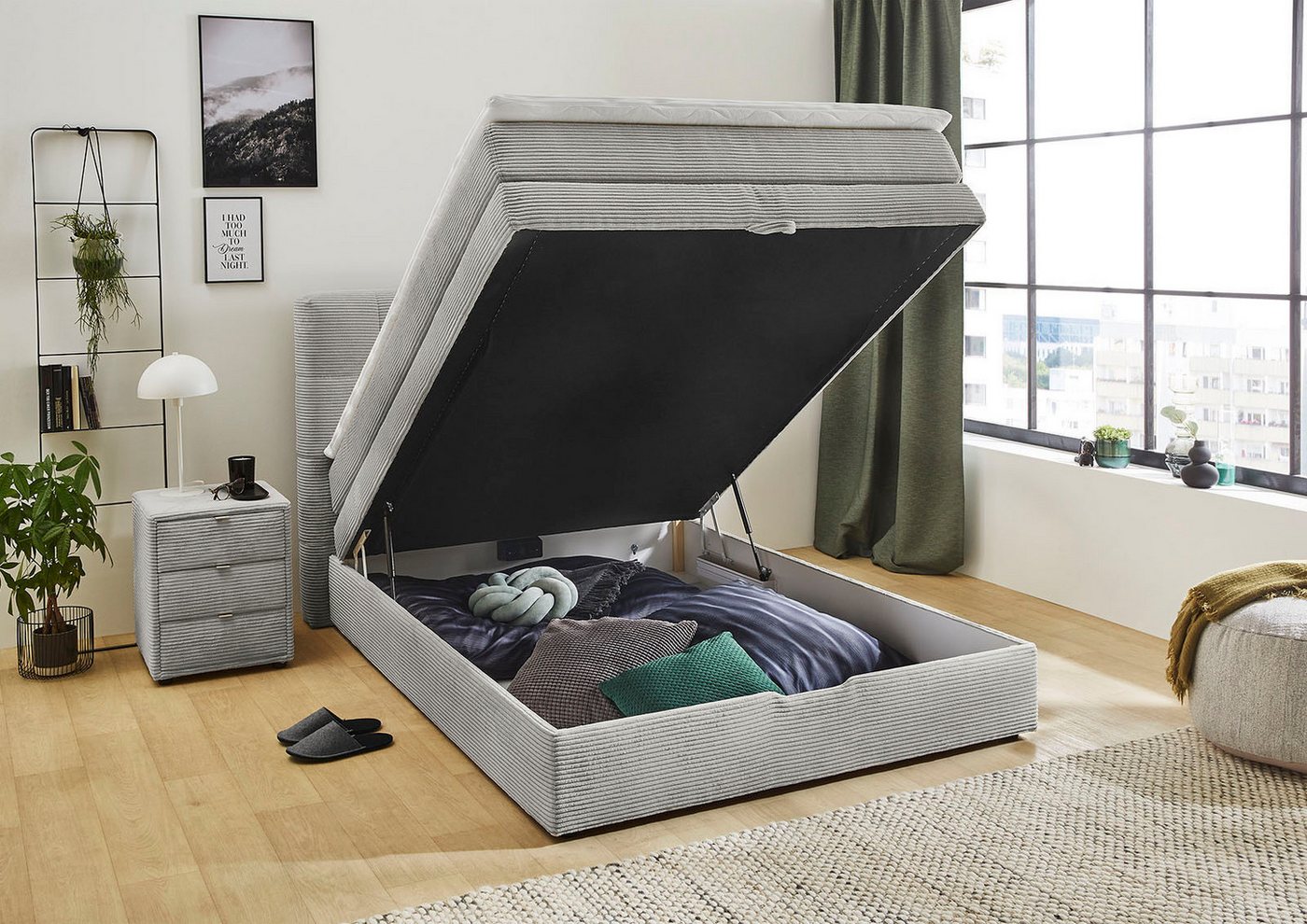 Jockenhöfer Gruppe Boxspringbett AMY mit Bettkasten, inkl. Bonnell- oder Taschenfederkernmatratze H2-H4, mit 6 cm Kaltschaum-Topper, Cord-Bezug, 120x200 und 140 – Bild 3 von 5