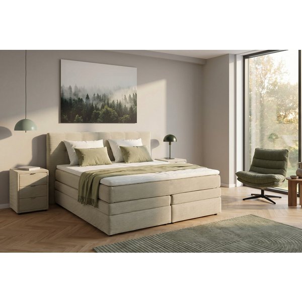 Jockenhöfer Gruppe Boxspringbett AMY mit Bettkasten, inkl. Bonnell- oder Taschenfederkernmatratze H3-H4, mit 6 cm Kaltschaum-Topper, Cord-Bezug, 180x200 und 200