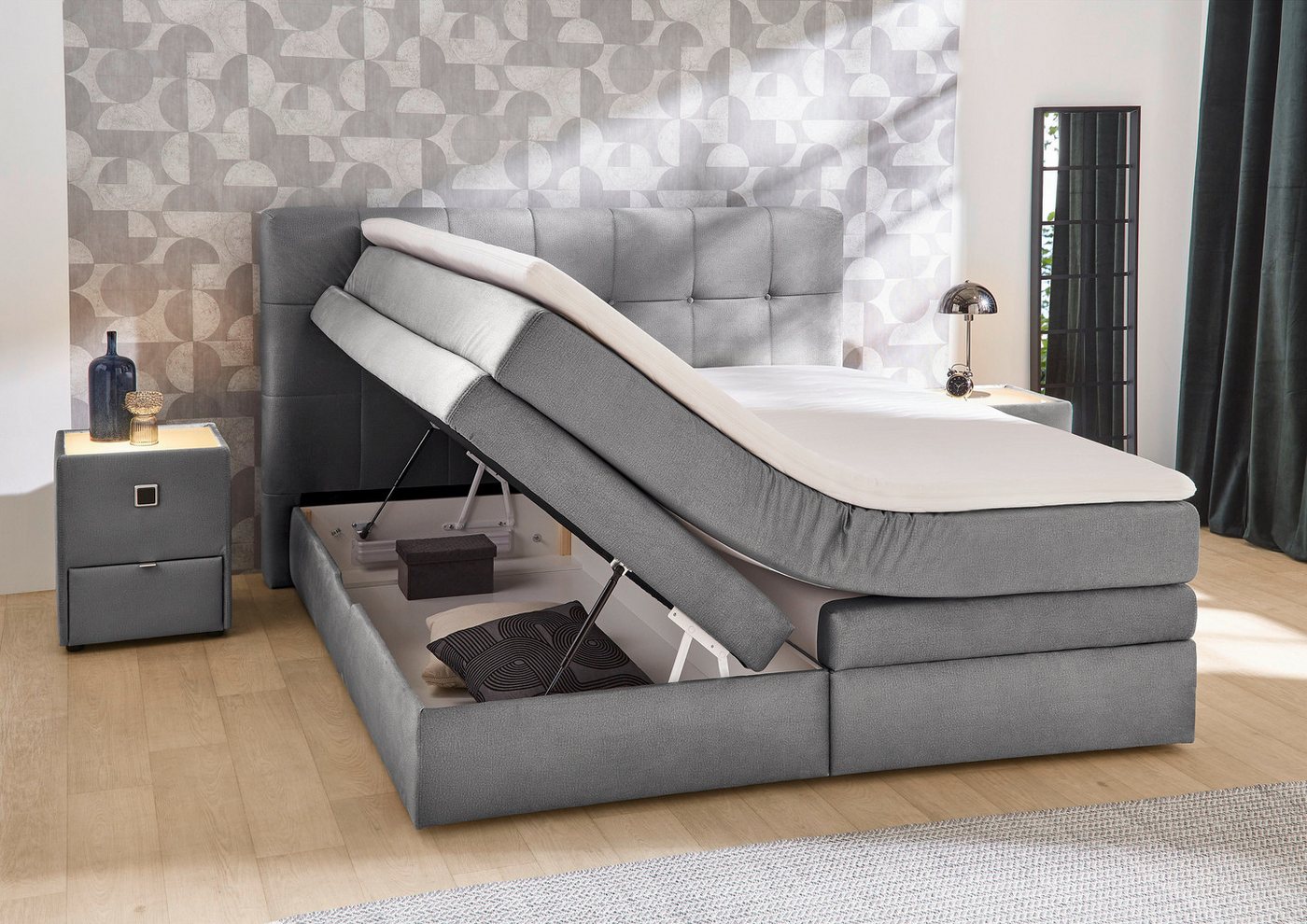 Jockenhöfer Gruppe Boxspringbett AMY mit Bettkasten, inkl. Taschenfederkernmatratze Härtegrad H3-H4, mit 6 cm Kaltschaum-Topper, Samt-Bezug, 180x200 und 200x200 – Bild 3 von 5