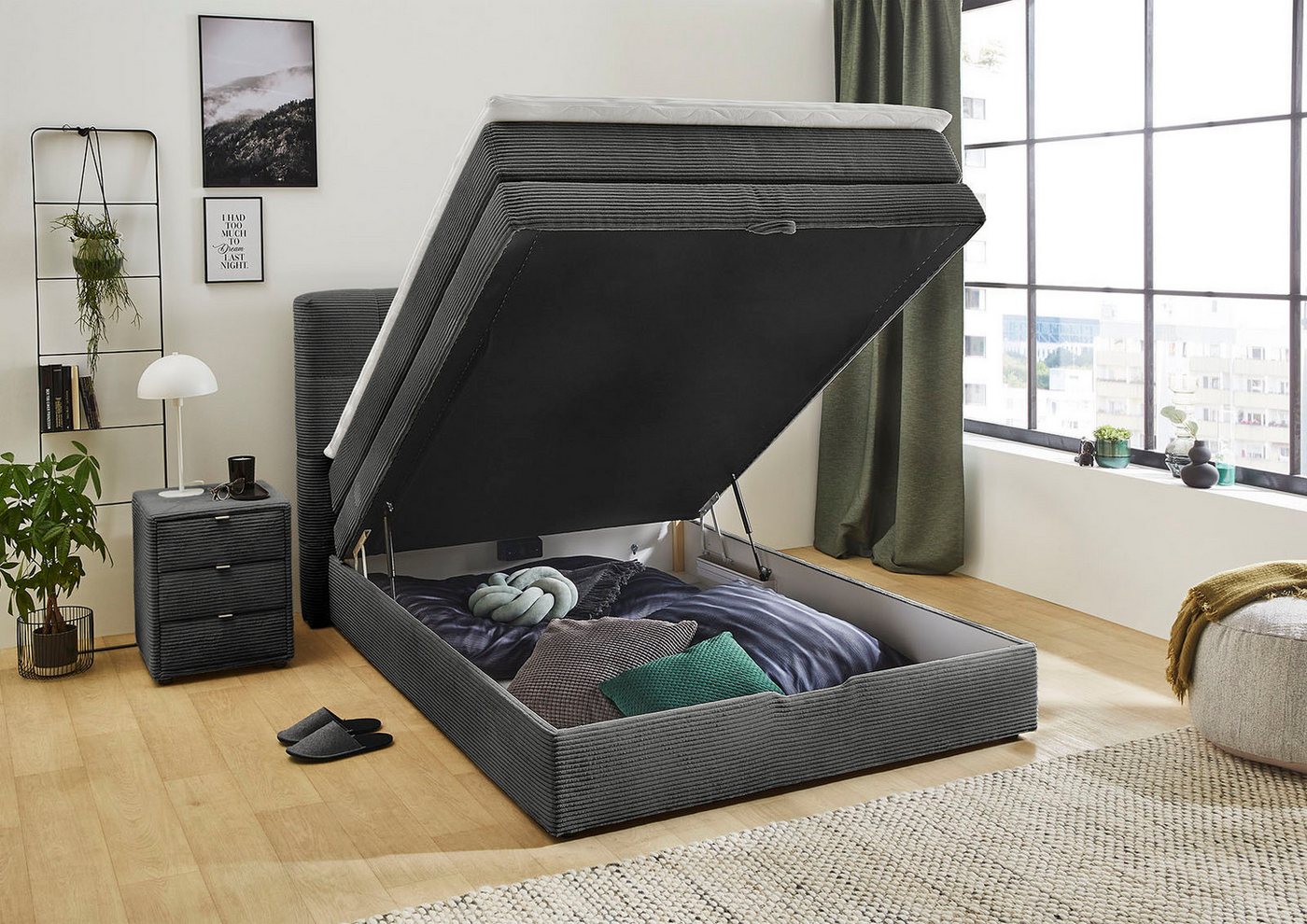 Jockenhöfer Gruppe Boxspringbett AMY mit Bettkasten, inkl. Bonnell- oder Taschenfederkernmatratze H2-H4, mit 6 cm Kaltschaum-Topper, Cord-Bezug, 120x200 und 140 – Bild 3 von 5