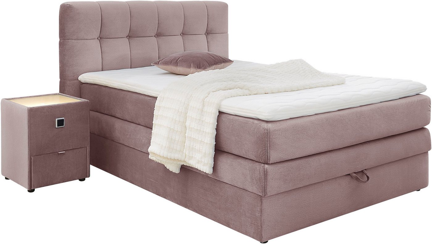 Jockenhöfer Gruppe Boxspringbett AMY mit Bettkasten, inkl. Bonnell- oder Taschenfederkernmatratze H2-H4, mit 6 cm Kaltschaum-Topper, Samt-Bezug, 120x200 und 140 – Bild 2 von 5