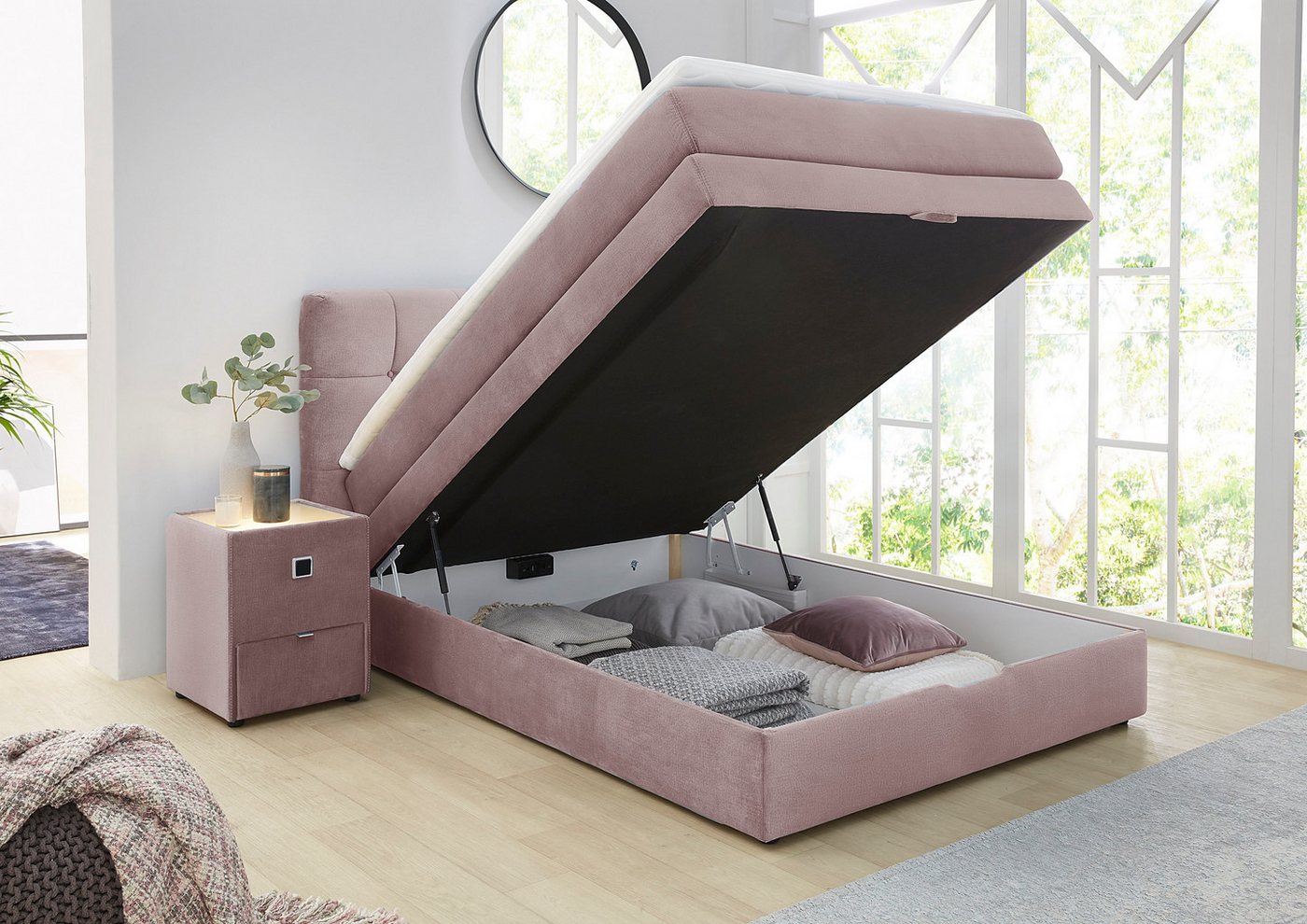 Jockenhöfer Gruppe Boxspringbett AMY mit Bettkasten, inkl. Bonnell- oder Taschenfederkernmatratze H2-H4, mit 6 cm Kaltschaum-Topper, Samt-Bezug, 120x200 und 140 – Bild 3 von 5
