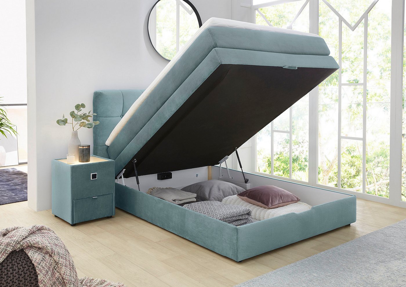 Jockenhöfer Gruppe Boxspringbett AMY mit Bettkasten, inkl. Bonnell- oder Taschenfederkernmatratze H2-H4, mit 6 cm Kaltschaum-Topper, Samt-Bezug, 120x200 und 140 – Bild 3 von 5