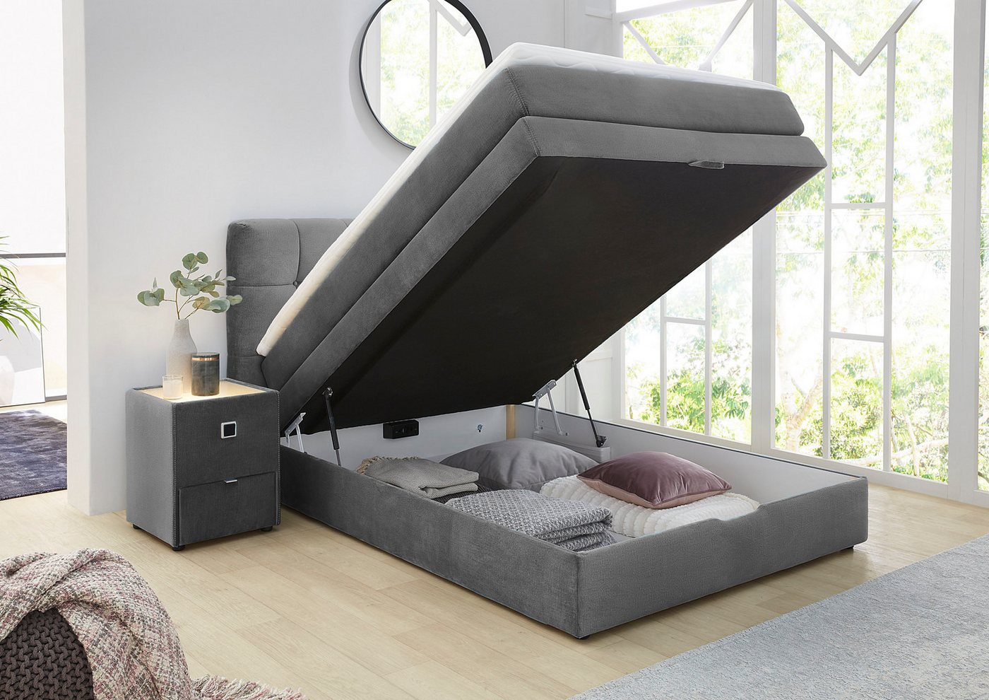 Jockenhöfer Gruppe Boxspringbett AMY mit Bettkasten, inkl. Bonnell- oder Taschenfederkernmatratze H2-H4, mit 6 cm Kaltschaum-Topper, Samt-Bezug, 120x200 und 140 – Bild 3 von 5
