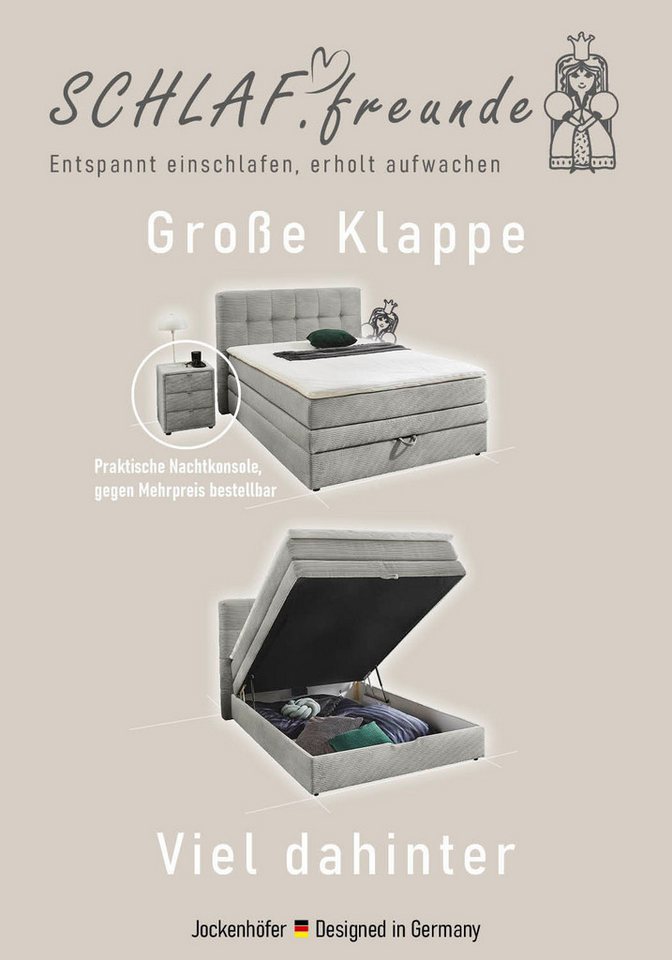 Jockenhöfer Gruppe Boxspringbett AMY mit Bettkasten, inkl. Bonnell- oder Taschenfederkernmatratze H2-H4, mit 6 cm Kaltschaum-Topper, Samt-Bezug, 120x200 und 140 – Bild 4 von 5