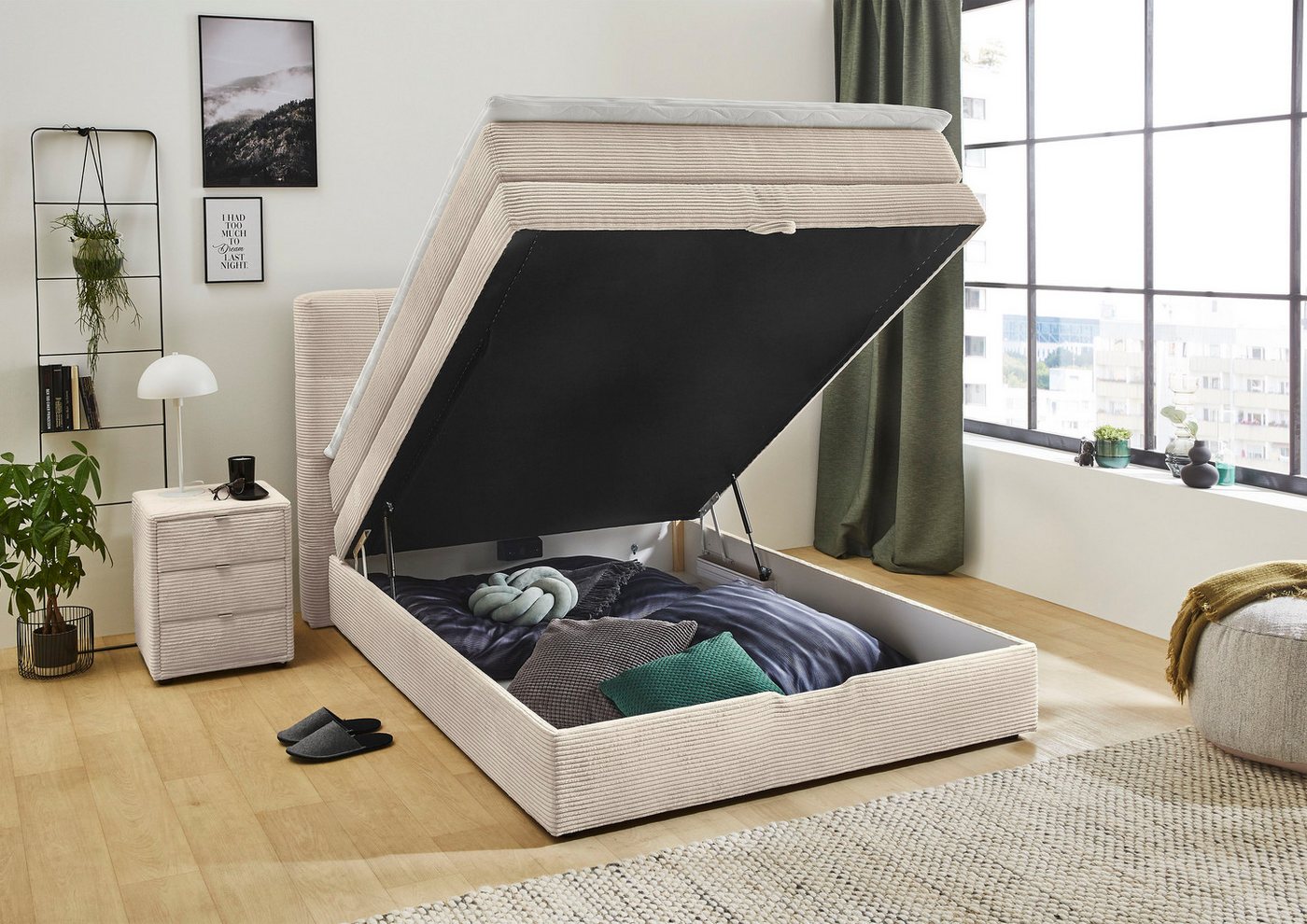 Jockenhöfer Gruppe Boxspringbett AMY mit Bettkasten, inkl. Bonnell- oder Taschenfederkernmatratze H2-H4, mit 6 cm Kaltschaum-Topper, Cord-Bezug, 120x200 und 140 – Bild 3 von 5