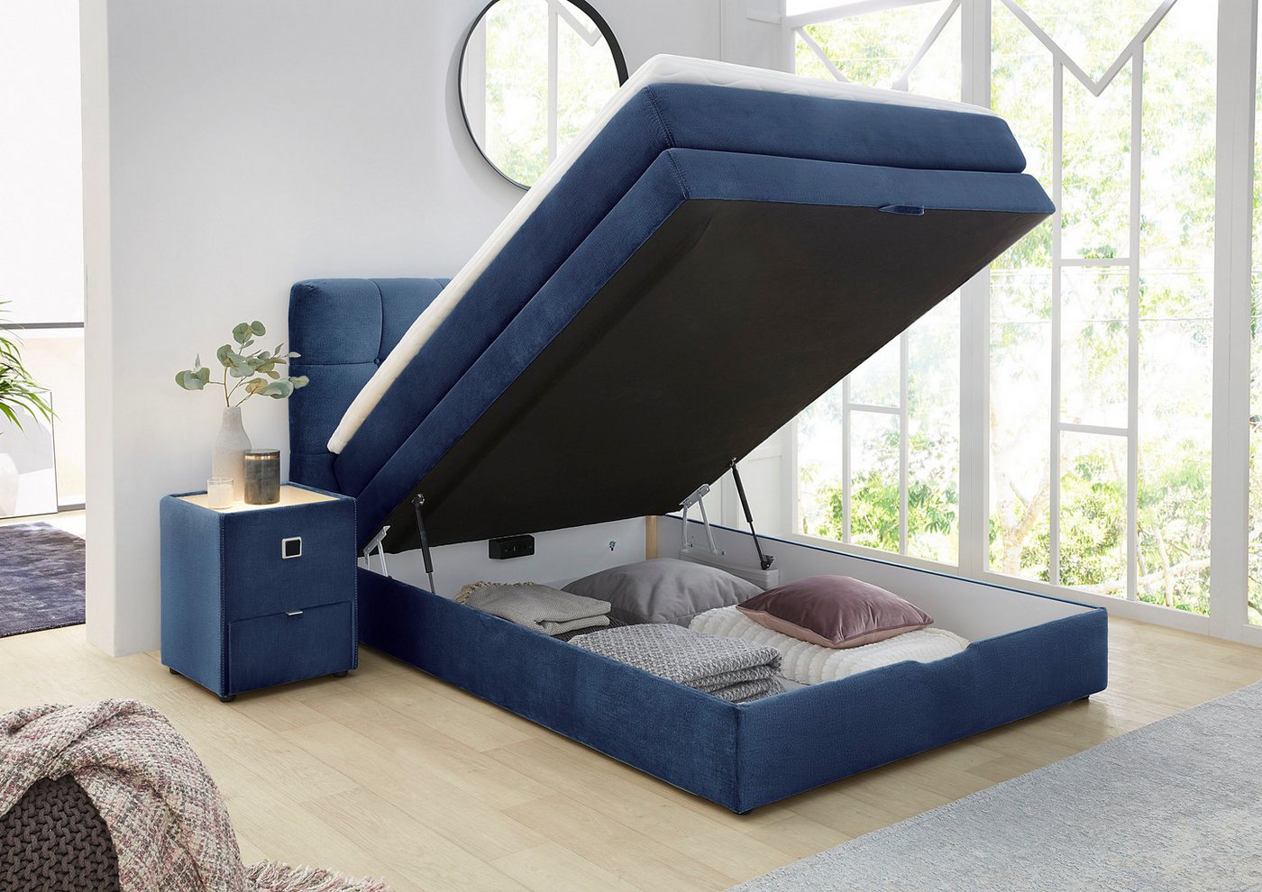 Jockenhöfer Gruppe Boxspringbett AMY mit Bettkasten, inkl. Bonnell- oder Taschenfederkernmatratze H2-H4, mit 6 cm Kaltschaum-Topper, Samt-Bezug, 120x200 und 140 – Bild 3 von 5