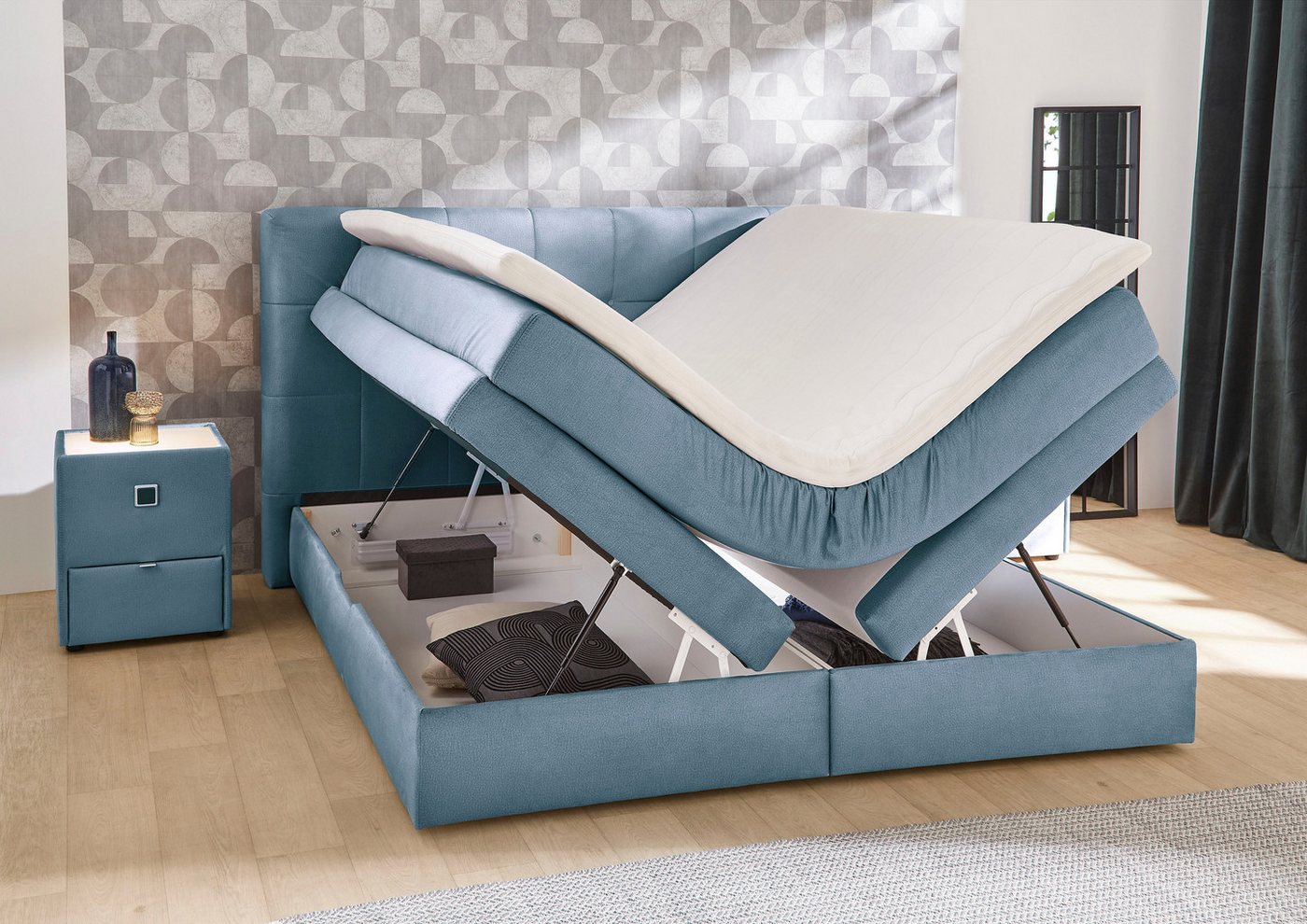 Jockenhöfer Gruppe Boxspringbett AMY mit Bettkasten, inkl. Taschenfederkernmatratze Härtegrad H3-H4, mit 6 cm Kaltschaum-Topper, Samt-Bezug, 180x200 und 200x200 – Bild 3 von 5