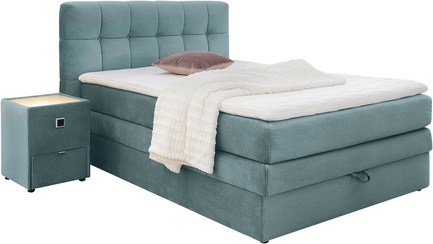 Jockenhöfer Gruppe Boxspringbett AMY mit Bettkasten, inkl. Bonnell- oder Taschenfederkernmatratze H2-H4, mit 6 cm Kaltschaum-Topper, Samt-Bezug, 120x200 und 140 – Bild 2 von 5