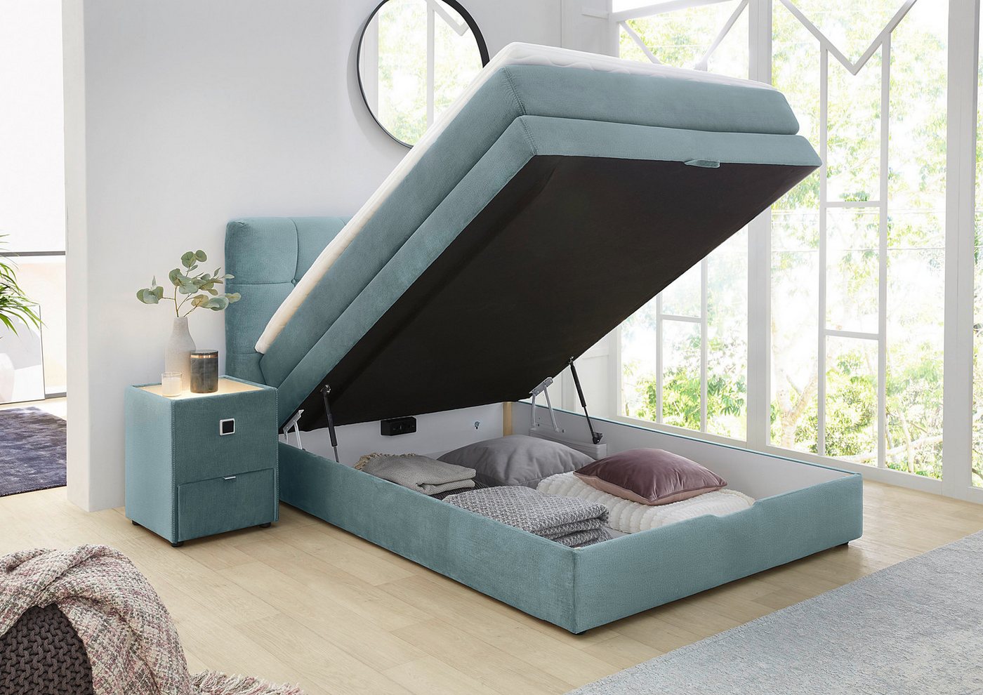 Jockenhöfer Gruppe Boxspringbett AMY mit Bettkasten, inkl. Bonnell- oder Taschenfederkernmatratze H2-H4, mit 6 cm Kaltschaum-Topper, Samt-Bezug, 120x200 und 140 – Bild 3 von 5