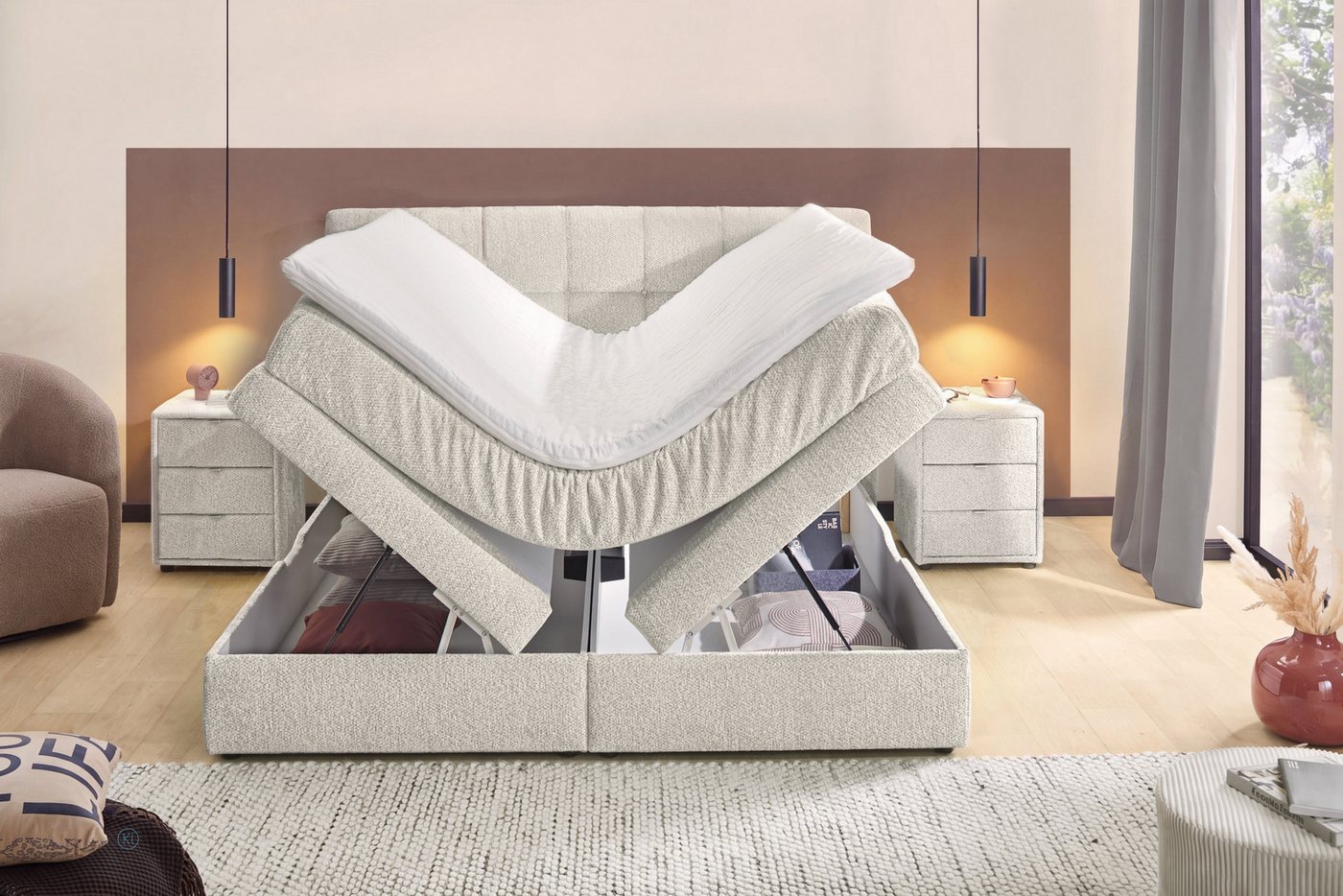 Jockenhöfer Gruppe Boxspringbett AMY mit Bettkasten, inkl. Taschenfederkernmatratze Härtegrad H3-H4, mit 6 cm Kaltschaum-Topper, Chenille-Bezug, 180x200 und 200 – Bild 3 von 5