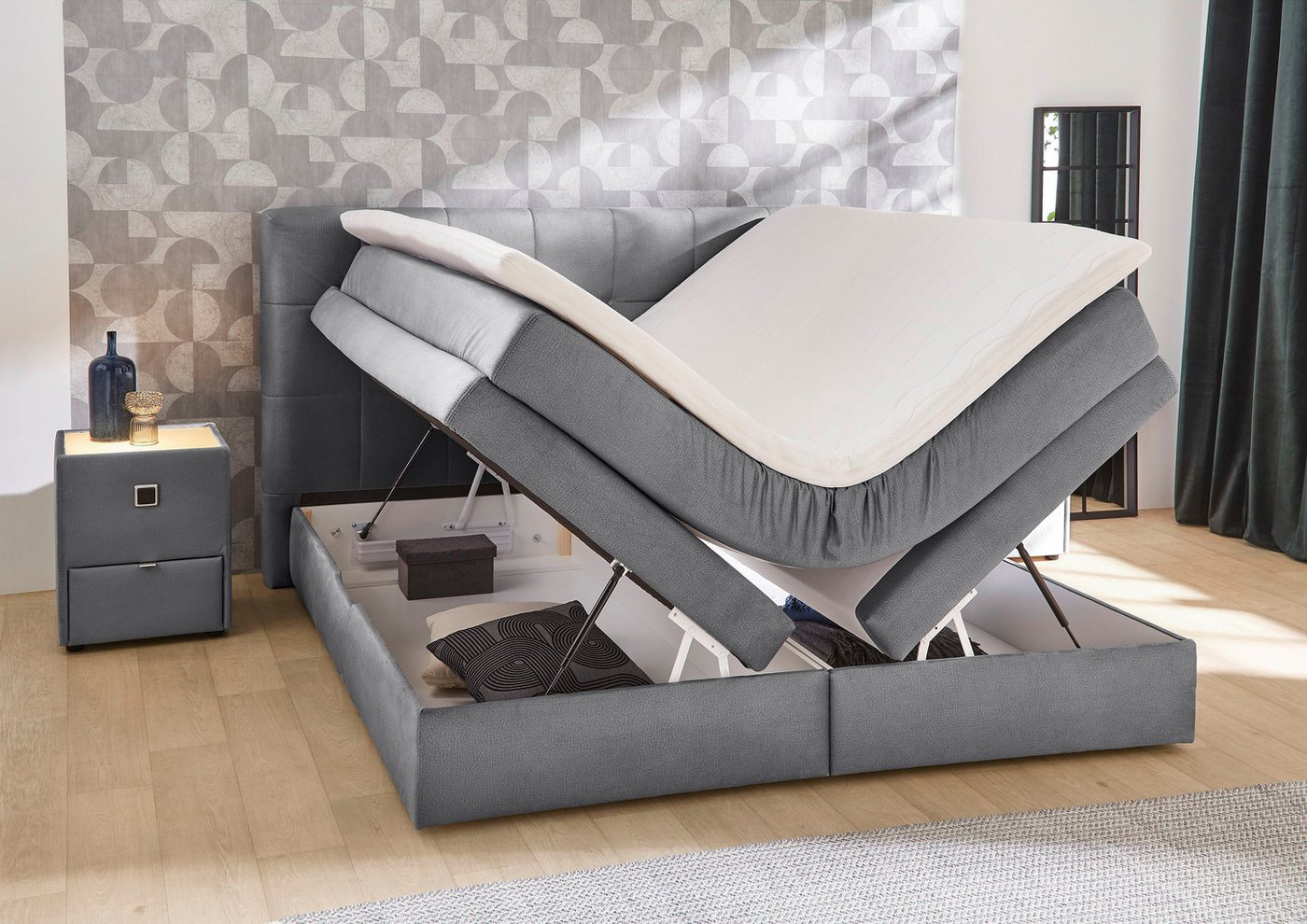 Jockenhöfer Gruppe Boxspringbett AMY mit Bettkasten, inkl. Taschenfederkernmatratze Härtegrad H3-H4, mit 6 cm Kaltschaum-Topper, Samt-Bezug, 180x200 und 200x200 – Bild 3 von 5