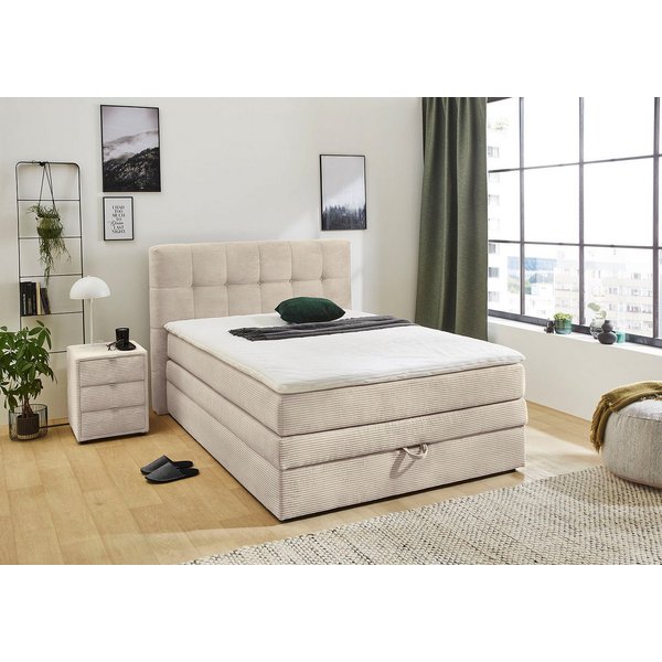 Jockenhöfer Gruppe Boxspringbett AMY mit Bettkasten, inkl. Bonnell- oder Taschenfederkernmatratze H2-H4, mit 6 cm Kaltschaum-Topper, Cord-Bezug, 120x200 und 140