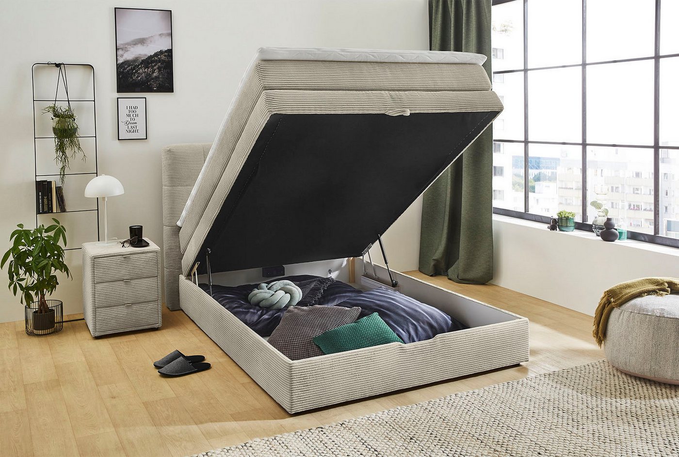 Jockenhöfer Gruppe Boxspringbett AMY mit Bettkasten, inkl. Bonnell- oder Taschenfederkernmatratze H2-H4, mit 6 cm Kaltschaum-Topper, Cord-Bezug, 120x200 und 140 – Bild 3 von 5
