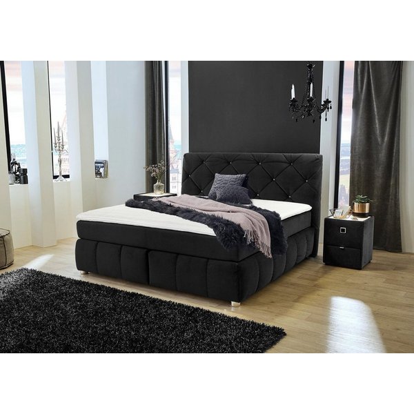 Jockenhöfer Gruppe Boxspringbett Bella erhältlich in 140 & 180cm Breite, mit Kaltschaum-Topper und Rauchglas-Steinen