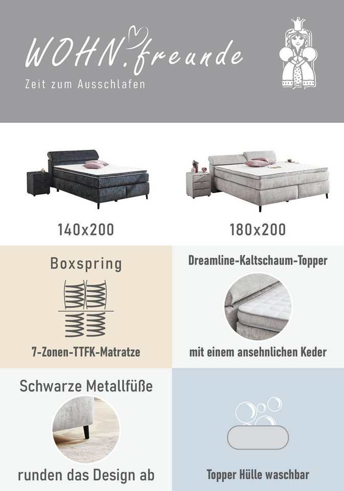 Jockenhöfer Gruppe Boxspringbett DIVA, inkl. 7-Zonen-TTFK-Matratze H3/H4 und Topper, mit Kaltschaumtopper, höhenverstellbares Kopfteil, 140/180 cm x 200 cm – Bild 4 von 5