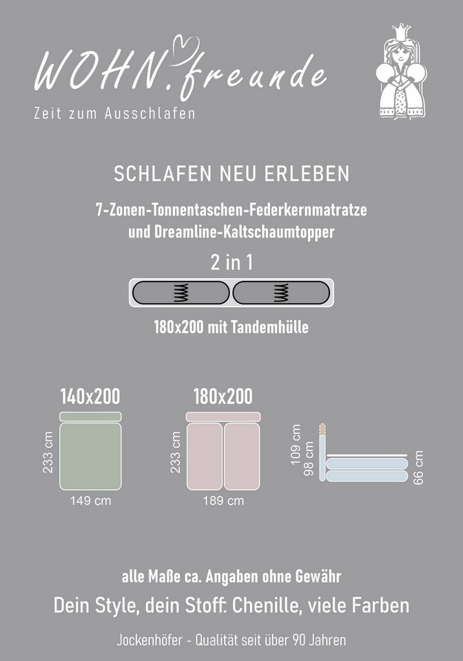 Jockenhöfer Gruppe Boxspringbett DIVA, inkl. 7-Zonen-TTFK-Matratze H3/H4 und Topper, mit Kaltschaumtopper, höhenverstellbares Kopfteil, 140/180 cm x 200 cm – Bild 5 von 5