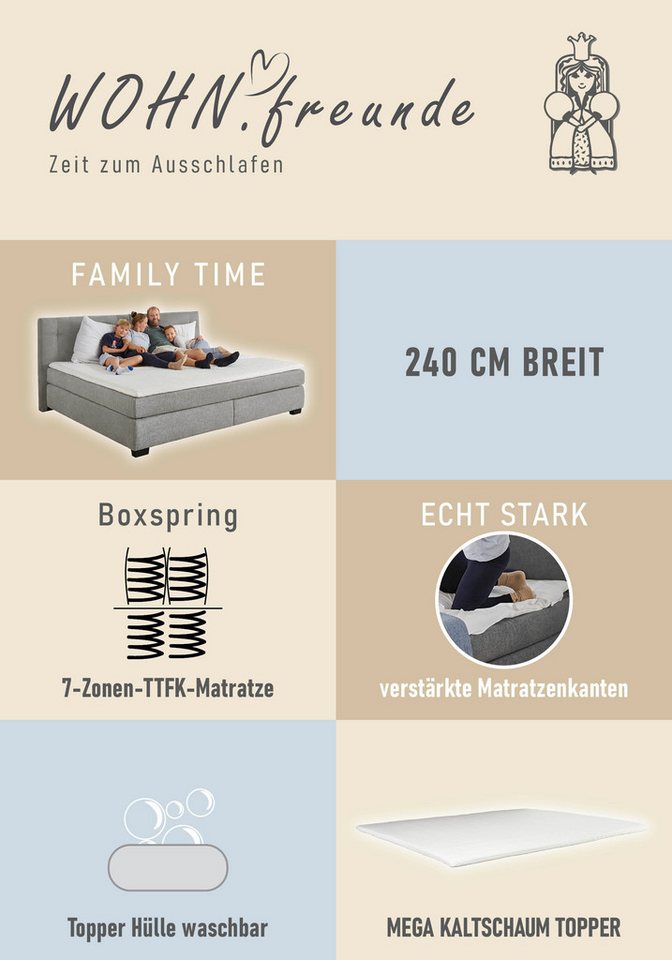 Jockenhöfer Gruppe Boxspringbett FAMILY, Familienbett mit Taschenfederkernmatratze H3, mit Kaltschaum-Topper, hochwertiger Microfaser-Bezug, 240x200 cm – Bild 3 von 5