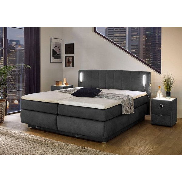 Jockenhöfer Gruppe Boxspringbett KATI mit Stauraum, inkl. Bonnellmatratze H2/H3 (Mit PUR-Schaum-Topper), Höhenverstellbares Kopfteil mit LED´s, USB- Ladeports 1