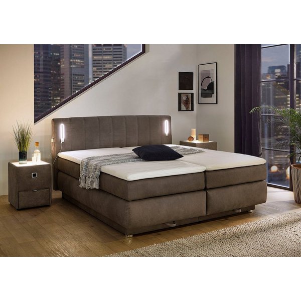 Jockenhöfer Gruppe Boxspringbett KATI mit Stauraum, inkl. Bonnellmatratze H2/H3 (Mit PUR-Schaum-Topper), Höhenverstellbares Kopfteil mit LED´s, USB- Ladeports 1