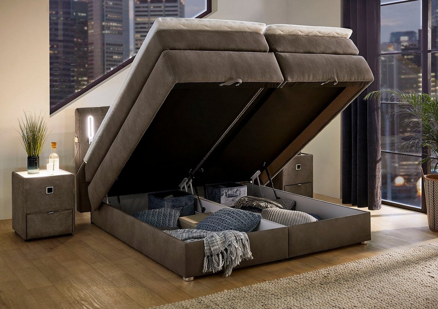 Jockenhöfer Gruppe Boxspringbett KATI mit Stauraum, inkl. Bonnellmatratze H2/H3 (Mit PUR-Schaum-Topper), Höhenverstellbares Kopfteil mit LED´s, USB- Ladeports 1 – Bild 4 von 5