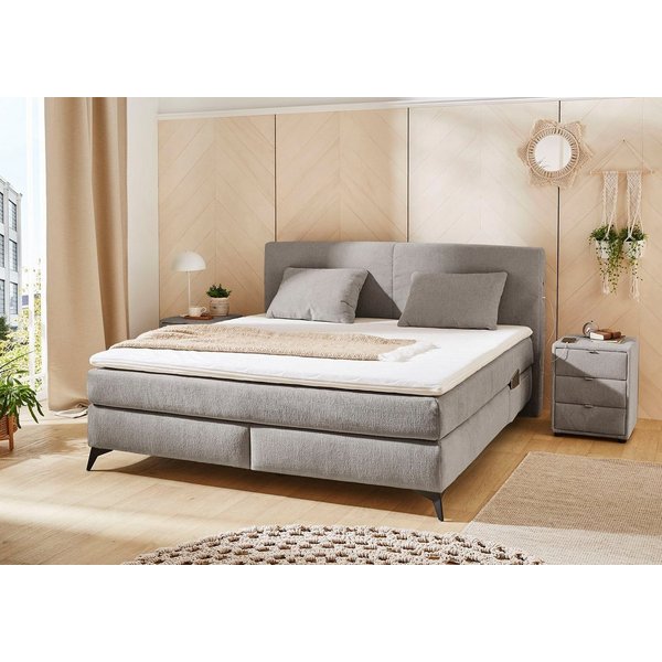 Jockenhöfer Gruppe Boxspringbett KIRA, mit Taschenfederkernmatratze H3-H4 und Kaltschaum-Topper, inkl. LED-Beleuchtung & USB-Ladeports, Chenille Stoff, 160/180x