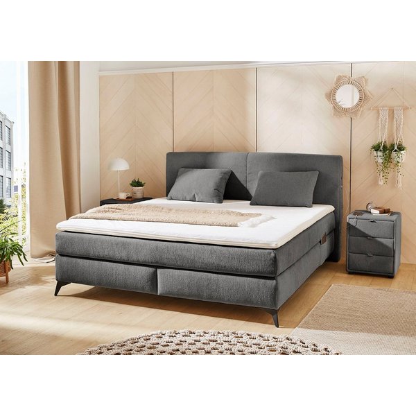 Jockenhöfer Gruppe Boxspringbett KIRA, mit Taschenfederkernmatratze H3-H4 und Kaltschaum-Topper, inkl. LED-Beleuchtung & USB-Ladeports, Chenille Stoff, 160/180x