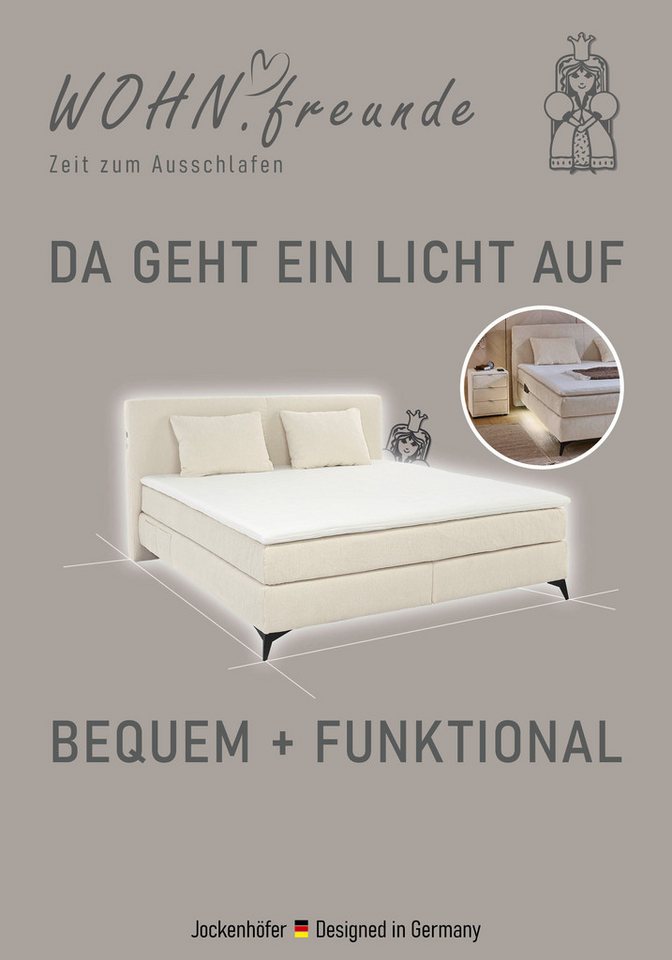 Jockenhöfer Gruppe Boxspringbett KIRA, mit Taschenfederkernmatratze H3-H4 und Kaltschaum-Topper, inkl. LED-Beleuchtung & USB-Ladeports, Chenille Stoff, 160/180x – Bild 3 von 5