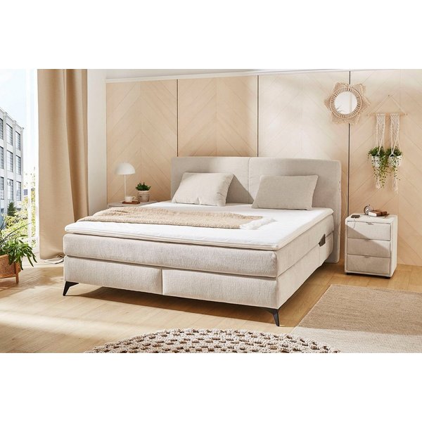 Jockenhöfer Gruppe Boxspringbett KIRA, mit Taschenfederkernmatratze H3-H4 und Kaltschaum-Topper, inkl. LED-Beleuchtung & USB-Ladeports, Chenille Stoff, 160/180x