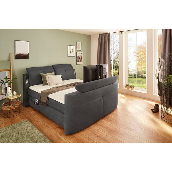 Jockenhöfer Gruppe Boxspringbett MOVIESTAR, mit Taschenfederkernmatratze H3-H4, inkl. LED-Beleuchtung (mit versenkbarem TV-Lift und Fernbedienung, verstellbare 